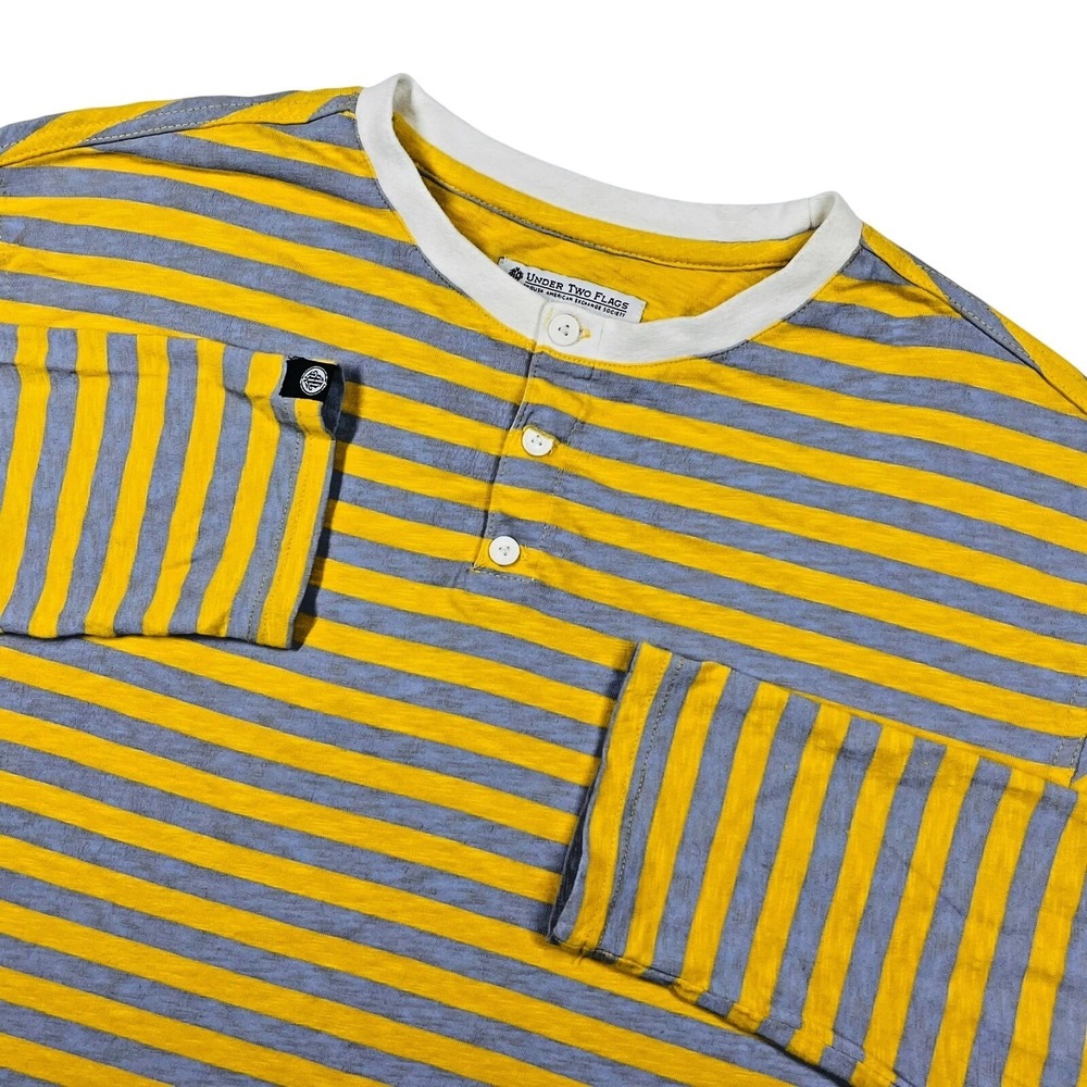 Under Two Flags Henley Shirt Mens XL Yellow Grey Striped Long Sleeve Cotton Tee
